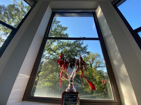 Red tropical flowers displayed on a pedestal viewed through a large window with trees and blue sky visible outside
